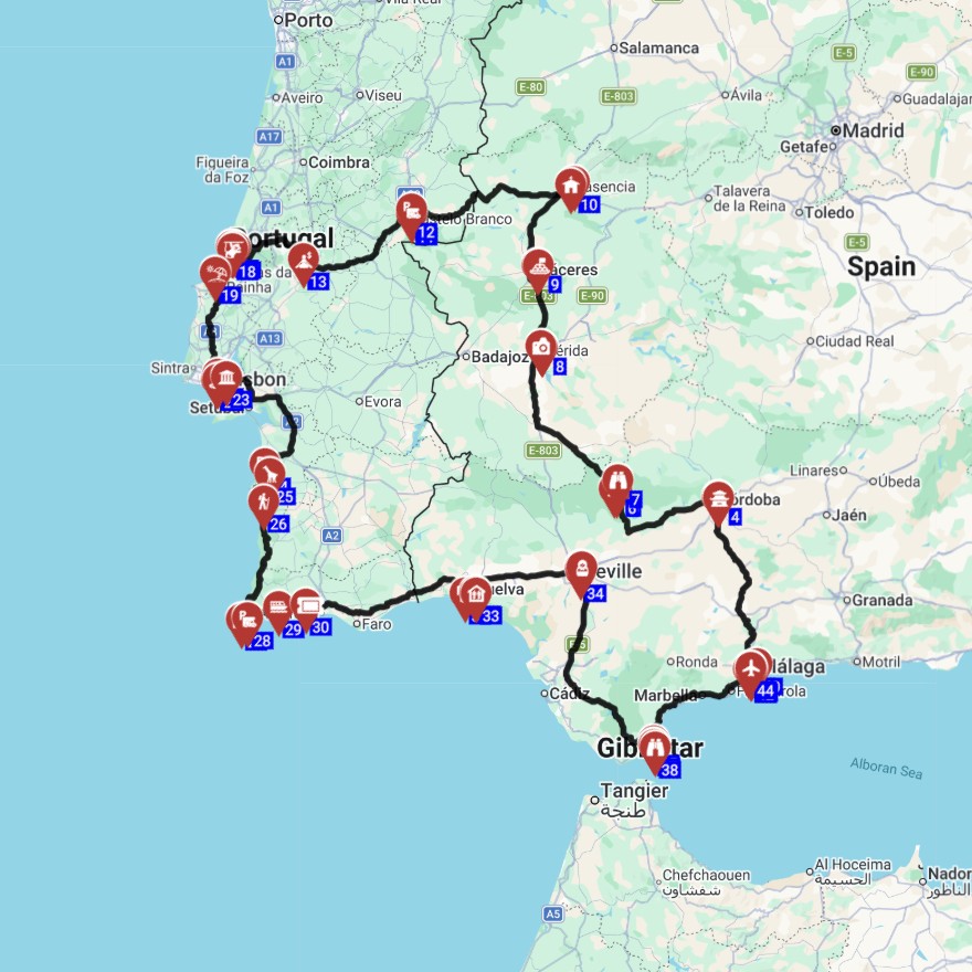 Map for השכרת קרוואן ותכנון מסלול טיול ממלאגה ספרד ופורטוגל